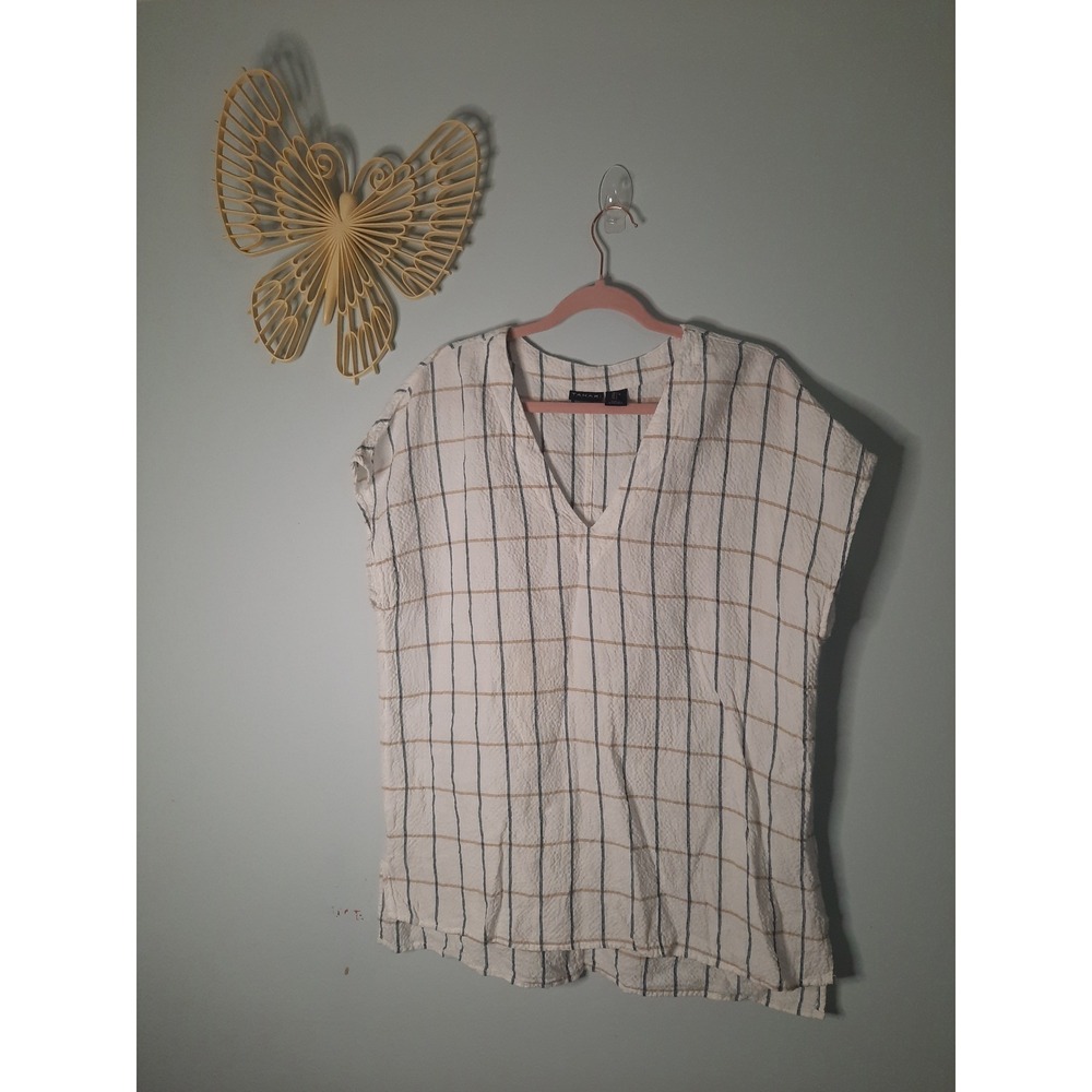 Lightweight White Windowpane Check V-Neck Women’s Top